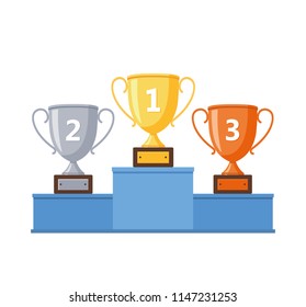 Winners podium with gold, silver and bronze cups - stock vector.