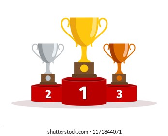 Winners podium with gold, silver and bronze cups for champions in flat style