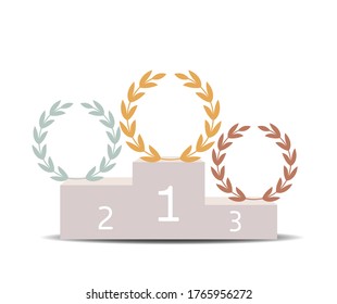 winners podium, gold, silver and bronze laurel wreaths. vector illustration isolated on white background