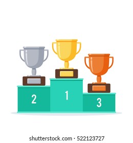 Winners podium with gold, silver and bronze cups. Vector illustration in flat style isolated on white background