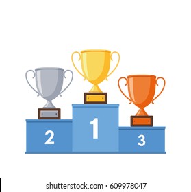 Winners podium with gold, silver and bronze cups - stock vector.