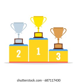 Winners Podium With Gold, Silver And Bronze Cups. Flat Cartoon Style. Vector Illustration.