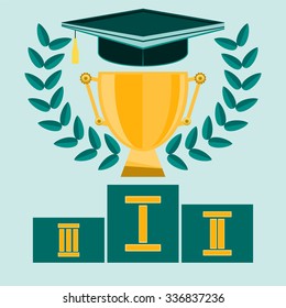 Winners podium, gold trophy Cup Laurel wreath and cap of a graduate. The smartest student, winning the school contest of knowledge. A high level of education.