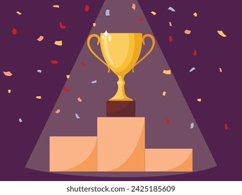 Winners podium with golden cup. Prizes for the Champions. Vector illustration