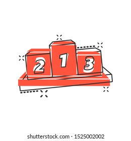 Winners podium icon in comic style. Pedestal illustration on white background. Award sign splash effect concept.