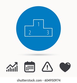 Winners podium icon. Prize ceremony pedestal sign. Calendar, attention sign and growth chart. Button with web icon. Vector