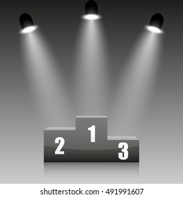 Winners podium illuminated by projectors. Vector illustration