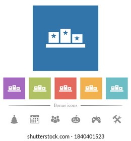 Winners podium with inside stars flat white icons in square backgrounds. 6 bonus icons included.