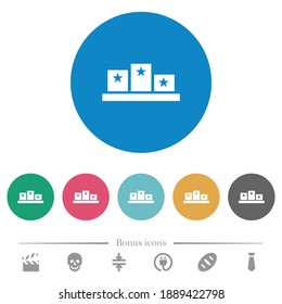 Winners podium with inside stars flat white icons on round color backgrounds. 6 bonus icons included.
