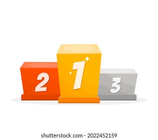 Winners podium isolated on white background. Flat style vector illustration. Empty winners platform for award ceremony. Colorful stages. Competition winners pedestal.
