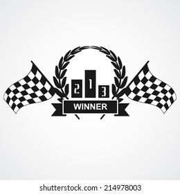  winners podium and laurel wreath with ribbon, banner and finish flags. vector illustrations