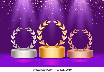 Winners of the podium with a laurel wreath. Three prizes and falling sweets from above. Vector illustration.
