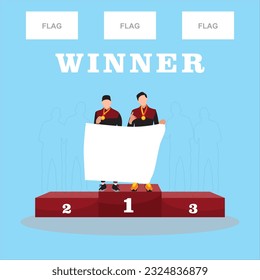 Winners podium with male player trophies. Vector illustration in flat style isolated on blue background