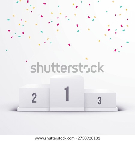 Winners Podium Mock Up With Confetti Fly Around. Winners Rostrum For First, Second And Third Place