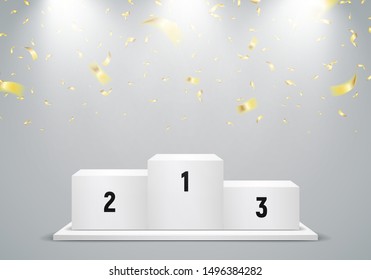 Winners podium on light background with falling confetti. Empty pedestal for award ceremony. Platform illuminated by spotlights. Vector illustration.