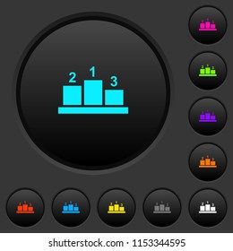 Winners podium with outside numbers dark push buttons with vivid color icons on dark grey background
