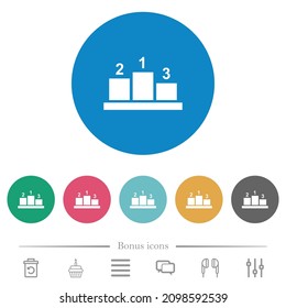 Winners podium with outside numbers flat white icons on round color backgrounds. 6 bonus icons included.