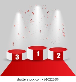 Winners podium with red carpet and confetti. Stage for awards ceremony. Pedestal. Spotlight. 3D. Vector illustration.