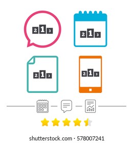 Winners podium sign icon. Awarding of winners symbol. Calendar, chat speech bubble and report linear icons. Star vote ranking. Vector