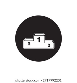 Ganadores podio simple icono Vector. Diseño plano. Icono blanco sobre círculo negro. El fondo blanco