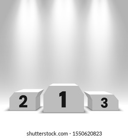 Winners podium with spotlights. White empty pedestal. Vector illustration.