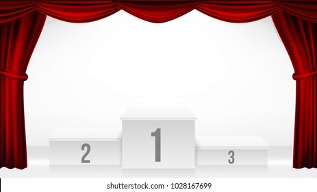 Winners Podium, Theater Curtain Vector. Awards Ceremony Pedestal. White Stage. Empty Platform. Trophy Place. Competition Award Event. Realistic Retro Illustration
