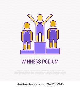 Winners podium thin line icon. Champion with raised hands. Modern vector illustration.