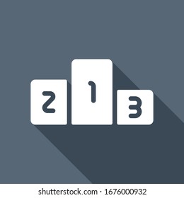Winners podium, three levels, sport logo. White flat icon with long shadow on blue background