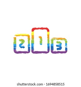 Winners podium, three levels, sport logo, outline design. Drawing sign with LGBT style, seven colors of rainbow (red, orange, yellow, green, blue, indigo, violet