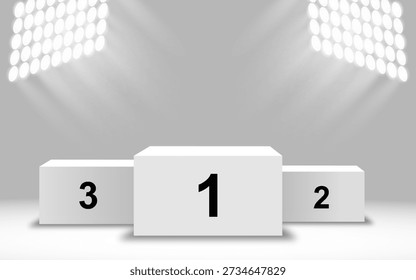 A winner's podium with three stands. Stage 1, 2, and 3 winners' podiums. A winner's podium with spotlights.