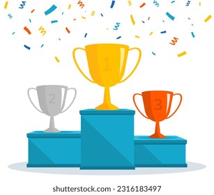 Winners podium with trophy cups and confetti. Vector award nomination background.