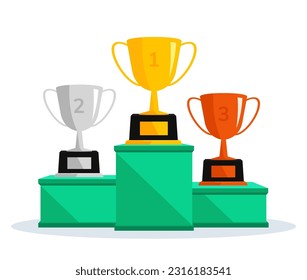 Winners podium with trophy cups and confetti. Vector award nomination background.