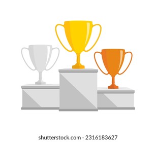 Winners podium with trophy cups and confetti. Vector award nomination background.