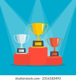 Winners podium with trophy cups and spotlights. Vector award nomination background.