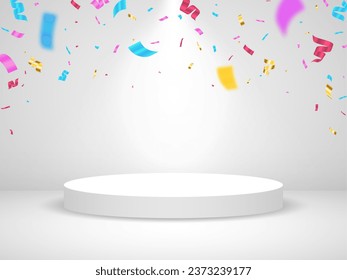 Winners podium. White scene with confetti. Pedestal with falling serpentine. Award ceremony template. Platform with spotlights. Product presentation concept. Vector illustration.