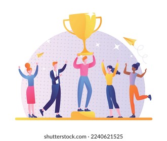 Winners prize concept. Man on pedestal or podium with golden cup, teamwork, collaboration and cooperation. Poster or banner for website. Award, reward and trophy. Cartoon flat vector illustration