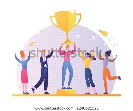 Winners prize concept. Man on pedestal or podium with golden cup, teamwork, collaboration and cooperation. Poster or banner for website. Award, reward and trophy. Cartoon flat vector illustration