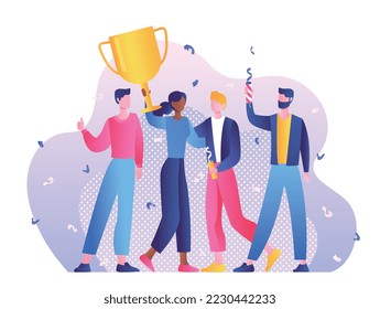 Winners prize concept. Men and woman with golden cup and confetti, award and trophy for best workers. Successful team, partners. Poster or banner for website. Cartoon flat vector illustration