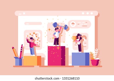 Winners ranking podium vector illustration. Prizes for champions flat style design. Champions get rewards for best results. Success business concept. Isolated on pink background