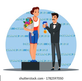 Winners reward ceremony scene. Athlete champion won first place in competition. Girl athlete stands on pedestal, holds flowers. Man presents gold medal to winner. Vector character illustration