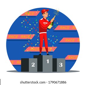 Winners reward ceremony scene. Racer took first place in race. Man in red uniform stands on pedestal, opened bottle of champagne, celebrates victory in competition. Vector character illustration