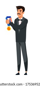 Winners reward ceremony scene. Smiling man in suit holds in his outstretched hand gold medal of first place. Leader of ceremony awarding to winner, isolated person. Vector character illustration