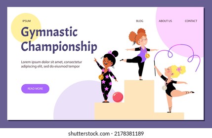 Winners rewarded with medals standing on podium after Girls Kids Gymnastic Championship. Little gymnasts and ballerinas win Rhythmic Gymnastics Competition, cartoon vector illustration.