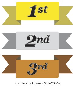 Winners ribbons for first, second and third place in gold, silver and bronze isolated on white