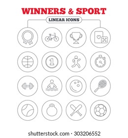 Winners and sport icons. Winner cup, medal award and first place emblem. Bike, playing card with dice and runner. Fitness dumbbell, basketball, football and bowling balls. Circle buttons on white.