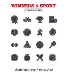 Winners and sport icons. Winner cup, medal award and first place emblem. Bike, playing card with dice and runner. Fitness dumbbell, basketball, football and bowling balls. Line icon with black border.