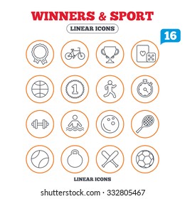 Winners and sport icons. Winner cup, medal award and first place emblem. Bike, playing card with dice and runner. Fitness dumbbell, basketball, football and bowling balls. Circle buttons on white.