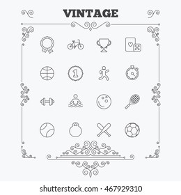 Winners and sport icons. Winner cup, medal award and first place emblem. Bike, playing card with dice and runner. Fitness dumbbell, basketball, football and bowling balls. Vintage ornament patterns.