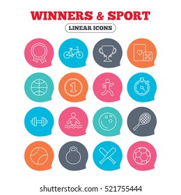 Winners and sport icons. Winner cup, medal award and first place emblem. Bike, playing card with dice and runner. Fitness dumbbell, basketball, football and bowling balls. Vector
