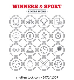 Winners And Sport Icons. Winner Cup, Medal Award And First Place Emblem. Bike, Playing Card With Dice And Runner. Fitness Dumbbell, Basketball, Football And Bowling Balls. Vector